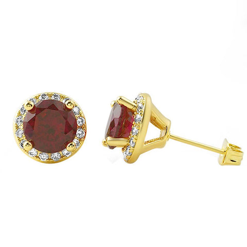 Gold Earrings Lab Ruby Micro Pave Halo