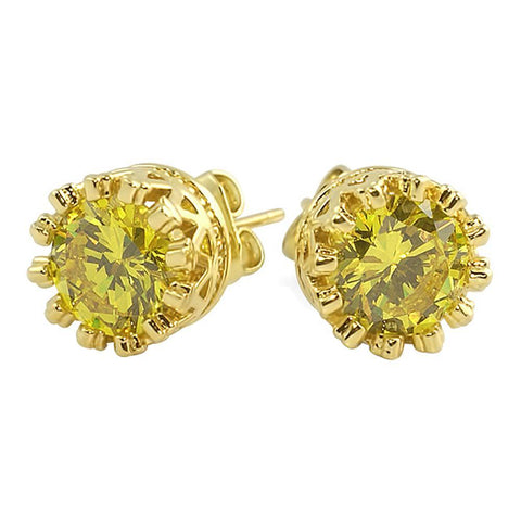 Gold Crown Round Canary CZ Earrings