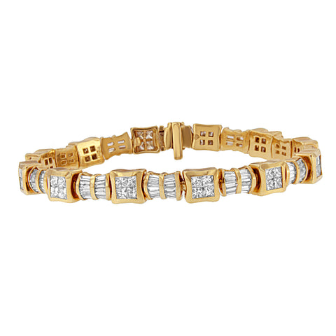 14K Yellow Gold 7 1/6ct.TDW Princess and Baguette Cut Diamond Textured Link Bracelet (G-H,VS1-VS2)
