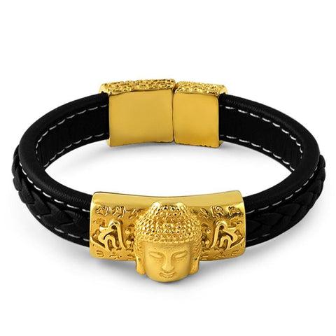 Gold Buddha Black Leather Stainless Steel Bracelet