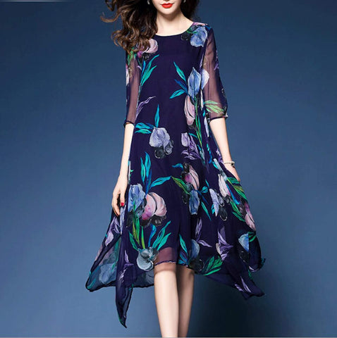 Womens Uneven Floral Chiffon Dress